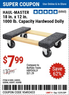 Harbor Freight Coupon 18" X 12" HARDWOOD MOVER'S DOLLY Lot No. 93888/60497/61899/62399/63095/63096/63097/63098 Expired: 12/31/20 - $7.99