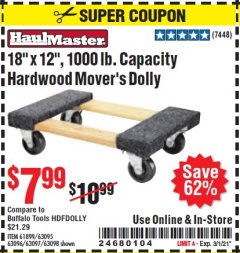 Harbor Freight Coupon 18" X 12" HARDWOOD MOVER'S DOLLY Lot No. 93888/60497/61899/62399/63095/63096/63097/63098 Expired: 3/1/21 - $7.99
