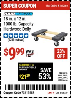 Harbor Freight Coupon 18" X 12" HARDWOOD MOVER'S DOLLY Lot No. 93888/60497/61899/62399/63095/63096/63097/63098 Expired: 5/22/22 - $9.99
