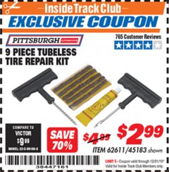 Harbor Freight ITC Coupon 9 PIECE TUBELESS TIRE REPAIR KIT Lot No. 45183 Expired: 12/31/19 - $2.99