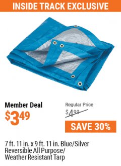 Harbor Freight Coupon 7 FT. 11" x 9 FT. 11" BLUE/SILVER REVERSIBLE ALL PURPOSE/WEATER RESISTANT TARP Lot No. 54893/69116/69122/69130/69138/69250 Expired: 7/1/21 - $3.49