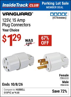 Harbor Freight ITC Coupon VANGUARD 125V, 15 AMP PLUG CONNECTOR Lot No. 63125/63147/63126 Expired: 10/8/26 - $1.29