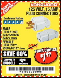 Harbor Freight Coupon VANGUARD 125V, 15 AMP PLUG CONNECTOR Lot No. 63125/63147/63126 Expired: 4/5/19 - $1.99