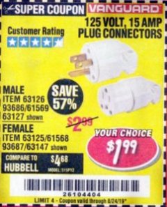 Harbor Freight Coupon VANGUARD 125V, 15 AMP PLUG CONNECTOR Lot No. 63125/63147/63126 Expired: 8/24/19 - $1.99