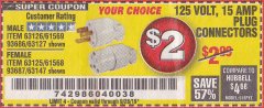 Harbor Freight Coupon VANGUARD 125V, 15 AMP PLUG CONNECTOR Lot No. 63125/63147/63126 Expired: 11/28/19 - $2