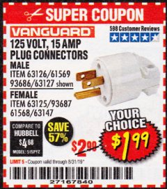 Harbor Freight Coupon VANGUARD 125V, 15 AMP PLUG CONNECTOR Lot No. 63125/63147/63126 Expired: 8/31/19 - $1.99