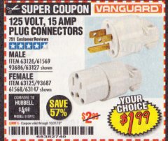 Harbor Freight Coupon VANGUARD 125V, 15 AMP PLUG CONNECTOR Lot No. 63125/63147/63126 Expired: 10/31/19 - $1.99