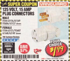 Harbor Freight Coupon VANGUARD 125V, 15 AMP PLUG CONNECTOR Lot No. 63125/63147/63126 Expired: 11/30/19 - $1.99