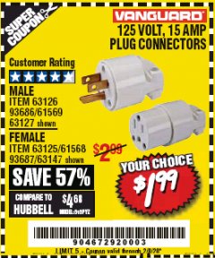 Harbor Freight Coupon VANGUARD 125V, 15 AMP PLUG CONNECTOR Lot No. 63125/63147/63126 Expired: 2/8/20 - $1.99