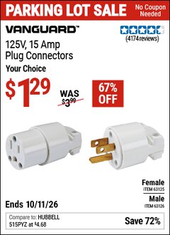 Harbor Freight Coupon VANGUARD 125V, 15 AMP PLUG CONNECTOR Lot No. 63125/63147/63126 Valid Thru: 10/11/26 - $1.29