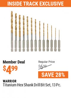 Harbor Freight ITC Coupon 13 PIECE TITANIUM NITRIDE COATED HIGH SPEED STEEL DRILL BITS Lot No. 1800/61621 Expired: 7/29/21 - $4.99