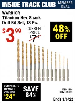Harbor Freight ITC Coupon 13 PIECE TITANIUM NITRIDE COATED HIGH SPEED STEEL DRILL BITS Lot No. 1800/61621 Expired: 1/6/22 - $3.99