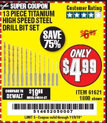 Harbor Freight Coupon 13 PIECE TITANIUM NITRIDE COATED HIGH SPEED STEEL DRILL BITS Lot No. 1800/61621 Expired: 11/9/19 - $4.99
