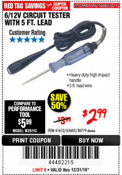 Harbor Freight Coupon 6/12V CIRCUIT TESTER WITH 5 FT. LEAD Lot No. 63603/30779/61652 Expired: 12/31/18 - $2.99