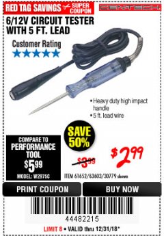 Harbor Freight Coupon CEN-TECH 6/12V CIRCUIT TESTER WITH 5 FT. LEAD Lot No. 63603/61652 Expired: 12/31/18 - $2.99