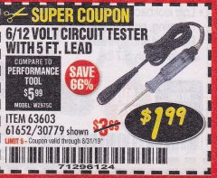Harbor Freight Coupon CEN-TECH 6/12V CIRCUIT TESTER WITH 5 FT. LEAD Lot No. 63603/61652 Expired: 8/31/19 - $1.99