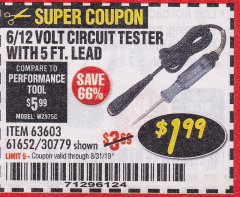 Harbor Freight Coupon 6/12V CIRCUIT TESTER WITH 5 FT. LEAD Lot No. 63603/30779/61652 Expired: 8/31/19 - $1.99