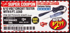 Harbor Freight Coupon CEN-TECH 6/12V CIRCUIT TESTER WITH 5 FT. LEAD Lot No. 63603/61652 Expired: 8/31/19 - $2.99