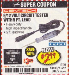 Harbor Freight Coupon CEN-TECH 6/12V CIRCUIT TESTER WITH 5 FT. LEAD Lot No. 63603/61652 Expired: 10/31/19 - $2.99