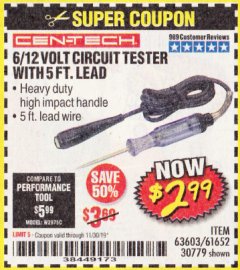 Harbor Freight Coupon CEN-TECH 6/12V CIRCUIT TESTER WITH 5 FT. LEAD Lot No. 63603/61652 Expired: 11/30/19 - $2.99