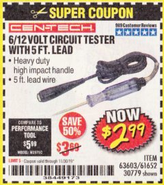 Harbor Freight Coupon 6/12V CIRCUIT TESTER WITH 5 FT. LEAD Lot No. 63603/30779/61652 Expired: 11/30/19 - $2.99
