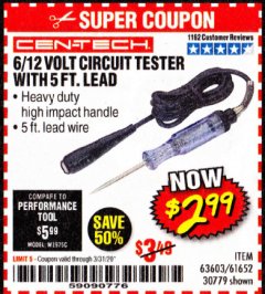 Harbor Freight Coupon CEN-TECH 6/12V CIRCUIT TESTER WITH 5 FT. LEAD Lot No. 63603/61652 Expired: 3/31/20 - $2.99