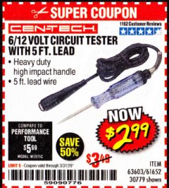 Harbor Freight Coupon 6/12V CIRCUIT TESTER WITH 5 FT. LEAD Lot No. 63603/30779/61652 Expired: 3/31/20 - $2.99