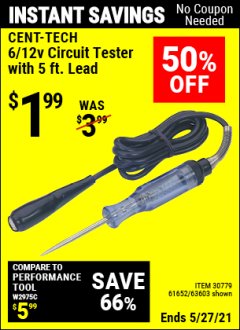 Harbor Freight Coupon CEN-TECH 6/12V CIRCUIT TESTER WITH 5 FT. LEAD Lot No. 63603/61652 Expired: 4/29/21 - $1.99