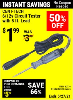 Harbor Freight Coupon 6/12V CIRCUIT TESTER WITH 5 FT. LEAD Lot No. 63603/30779/61652 Expired: 4/29/21 - $1.99