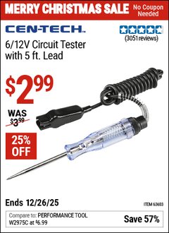 Harbor Freight Coupon CEN-TECH 6/12V CIRCUIT TESTER WITH 5 FT. LEAD Lot No. 63603/61652 EXPIRES: 12/26/25 - $2.99