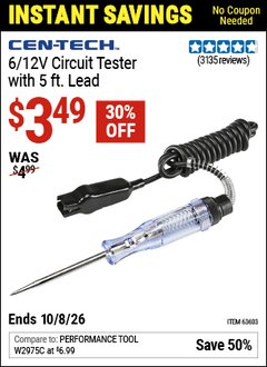 Harbor Freight Coupon CEN-TECH 6/12V CIRCUIT TESTER WITH 5 FT. LEAD Lot No. 63603/61652 Valid Thru: 10/8/26 - $3.49