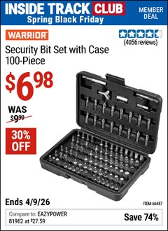 Harbor Freight ITC Coupon WARRIOR SECURITY BIT SET WITH CASE, 100-PIECE Lot No. 68457 Expired: 4/9/26 - $6.98