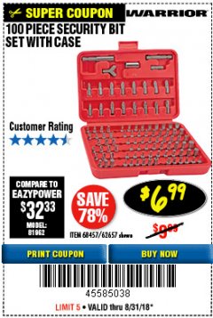 Harbor Freight Coupon 100 PIECE SECURITY BIT SET Lot No. 62657/68457 Expired: 8/31/18 - $6.99