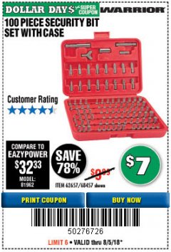Harbor Freight Coupon WARRIOR SECURITY BIT SET WITH CASE, 100 PIECE Lot No. 68457/62657 Expired: 8/5/18 - $7