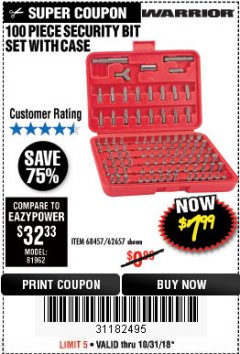 Harbor Freight Coupon WARRIOR SECURITY BIT SET WITH CASE, 100 PIECE Lot No. 68457/62657 Expired: 10/31/18 - $7.99