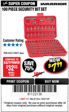 Harbor Freight Coupon WARRIOR SECURITY BIT SET WITH CASE, 100 PIECE Lot No. 68457/62657 Expired: 10/21/18 - $7.99