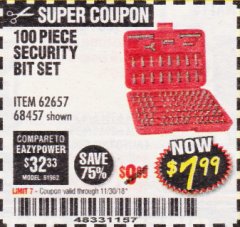 Harbor Freight Coupon WARRIOR SECURITY BIT SET WITH CASE, 100 PIECE Lot No. 68457/62657 Expired: 11/30/18 - $7.99