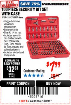 Harbor Freight Coupon WARRIOR SECURITY BIT SET WITH CASE, 100 PIECE Lot No. 68457/62657 Expired: 1/31/19 - $7.99