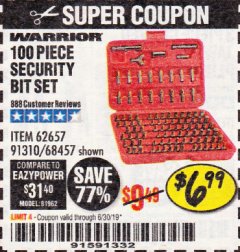 Harbor Freight Coupon 100 PIECE SECURITY BIT SET Lot No. 62657/68457 Expired: 6/17/19 - $6.99