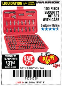Harbor Freight Coupon WARRIOR SECURITY BIT SET WITH CASE, 100 PIECE Lot No. 68457/62657 Expired: 10/31/19 - $6.99