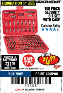 Harbor Freight Coupon WARRIOR SECURITY BIT SET WITH CASE, 100 PIECE Lot No. 68457/62657 Expired: 10/31/19 - $6.99
