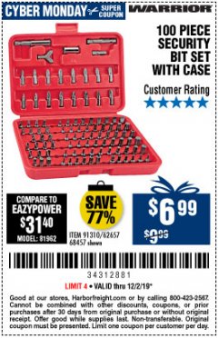 Harbor Freight Coupon WARRIOR SECURITY BIT SET WITH CASE, 100 PIECE Lot No. 68457/62657 Expired: 12/2/19 - $6.99