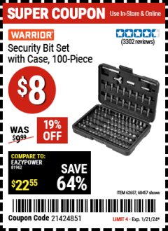 Harbor Freight Coupon WARRIOR SECURITY BIT SET WITH CASE, 100 PIECE Lot No. 68457/62657 Expired: 1/21/24 - $8