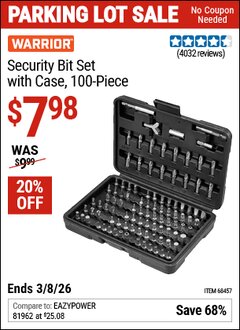 Harbor Freight Coupon WARRIOR SECURITY BIT SET WITH CASE, 100-PIECE Lot No. 68457 Expired: 3/8/26 - $7.98