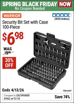 Harbor Freight Coupon WARRIOR SECURITY BIT SET WITH CASE, 100-PIECE Lot No. 68457 Expired: 4/12/26 - $6.98