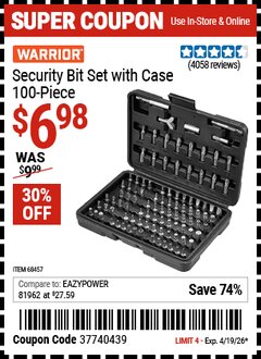 Harbor Freight Coupon WARRIOR SECURITY BIT SET WITH CASE, 100-PIECE Lot No. 68457 Expired: 4/19/26 - $6.98