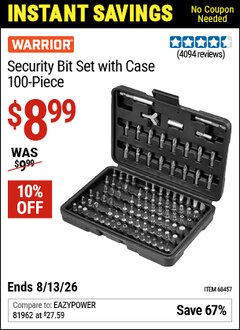 Harbor Freight Coupon WARRIOR SECURITY BIT SET WITH CASE, 100-PIECE Lot No. 68457 Valid Thru: 8/13/26 - $8.99