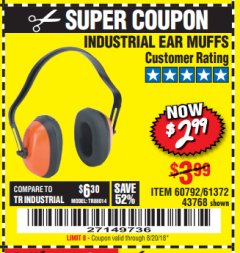 Harbor Freight Coupon INDUSTRIAL EAR MUFFS2 Lot No. 43768/60792/61372 Expired: 8/20/18 - $2.99