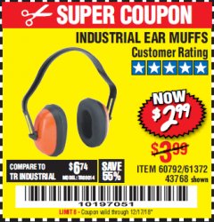Harbor Freight Coupon INDUSTRIAL EAR MUFFS2 Lot No. 43768/60792/61372 Expired: 12/17/18 - $2.99