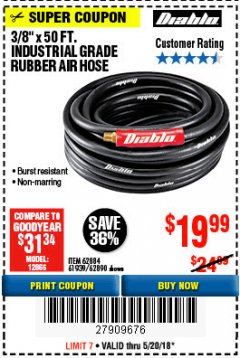 Harbor Freight Coupon DIABLO 3/8" X 50 FT. HEAVY DUTY PREMIUM RUBBER AIR HOSE Lot No. 62884/69580/61939/62890 Expired: 5/20/18 - $19.99